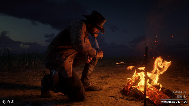 金を巡って争い、カードで賭けをして、キャンプでは肉をナイフに刺して焼いてそのまま食べ。自由で無法に生きる事ができた時代と、それができなくなってきた時代。楽しいことも、やるせないことも、哀愁たっぷりに全部が詰め込まれている、「RDR2」という名の巨大な塊