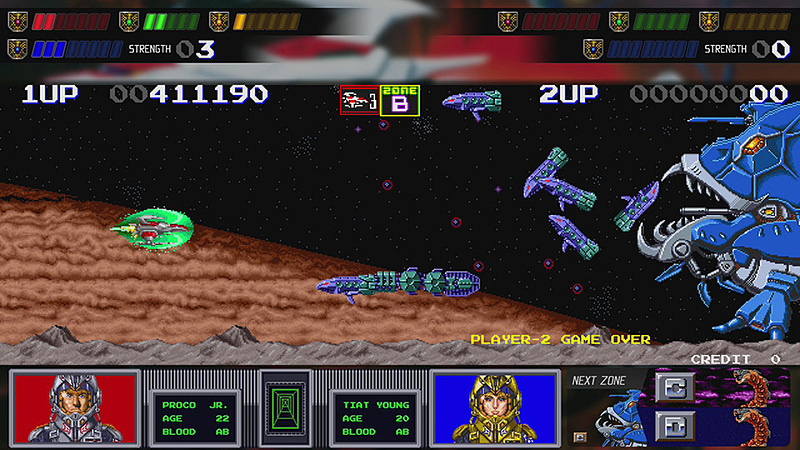 「ダライアスII」の海外版である「SAGAIA」では、多くリリースされていたバージョン1だけでなく、ほぼ出回っていないというバージョン2も収録！