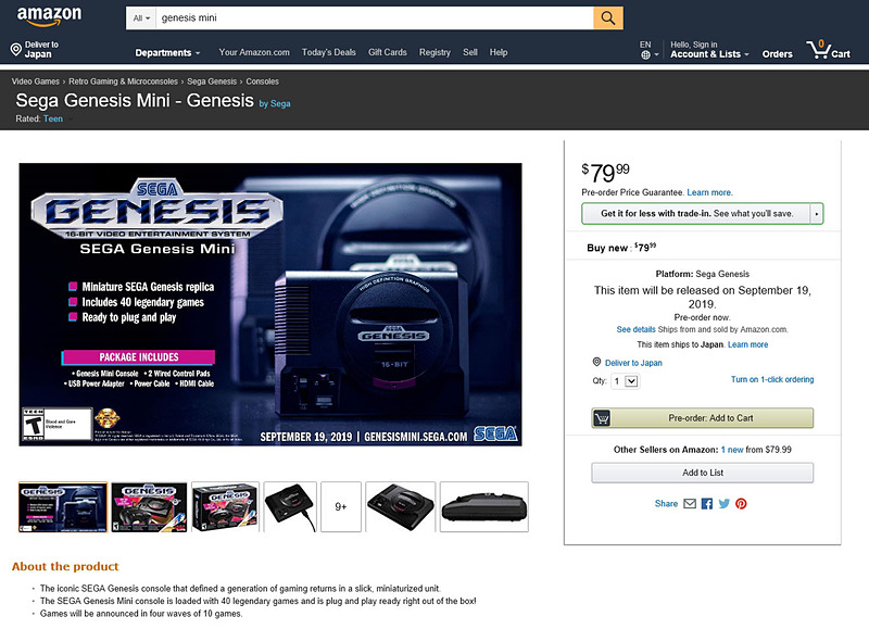 Amazon.comの「Sega Genesis Mini」製品ページより。日本版「メガドライブ ミニ」とはひと味違う外観に、収録タイトルも異なります。メガドライバーな人は「メガドライブ ミニ」と並べたくなっちゃいますよねー