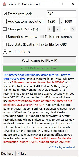 MODが起動したら「Frame rate lock」にディスプレイの最高リフレッシュレートを入力する。「SEKIRO」を起動させたら「Patch game」をクリックする