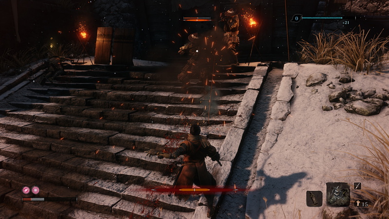 葦名城。門の周りには敵が配置されている