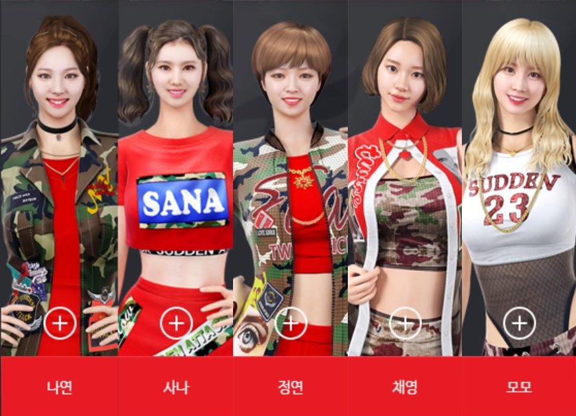 「サドンアタック」に登場したTWICEキャラクター。左からナヨン、サナ、ジョンヨン、チェヨン、モモ（REDチーム）、ツウィ、ダヒョン、ジヒョ、ミナ（BLUEチーム）