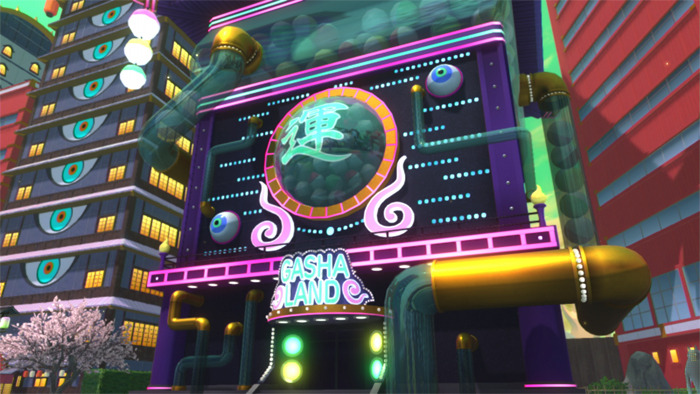 左から、現代(ケータの世界)、過去(シンの世界)、未来(ナツメの世界)、妖魔界の「ガシャ」