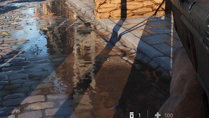 DXRオン、DXRレイトレース・リフレクション「最高」設定での画像を拡大したもの。水たまりの様子に注目してほしい