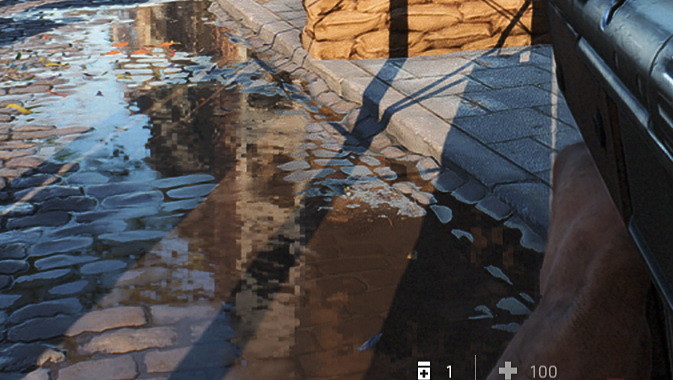 DXRオン、DXRレイトレース・リフレクション「低」設定での画像を拡大したもの。「中」設定よりも若干水が引いている