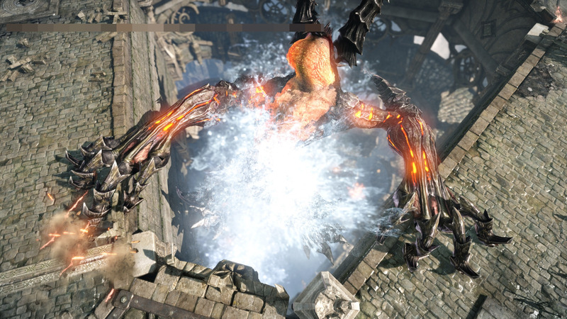 マルチでプレイする「シネマティックダンジョン」。ボスが大写しになり、意図的にプレーヤーキャラクターが画面端に寄せられているシーンもある