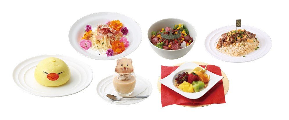 特製でぶチョコボまん600ギル、妖精郷の冷製スープカッペリーニ1,280ギル、ミニオンプリン～ジャイアントビーバー～650ギル、リムサ丼 ～ごろごろ角切りローストビーフ丼～1,280ギル、ユールモアのフルーツ盛り～グラノーラヨーグルト仕立て～890ギル、エスゲンの太陽（アジム）ライスwithケナガウシステーキ1,560ギル