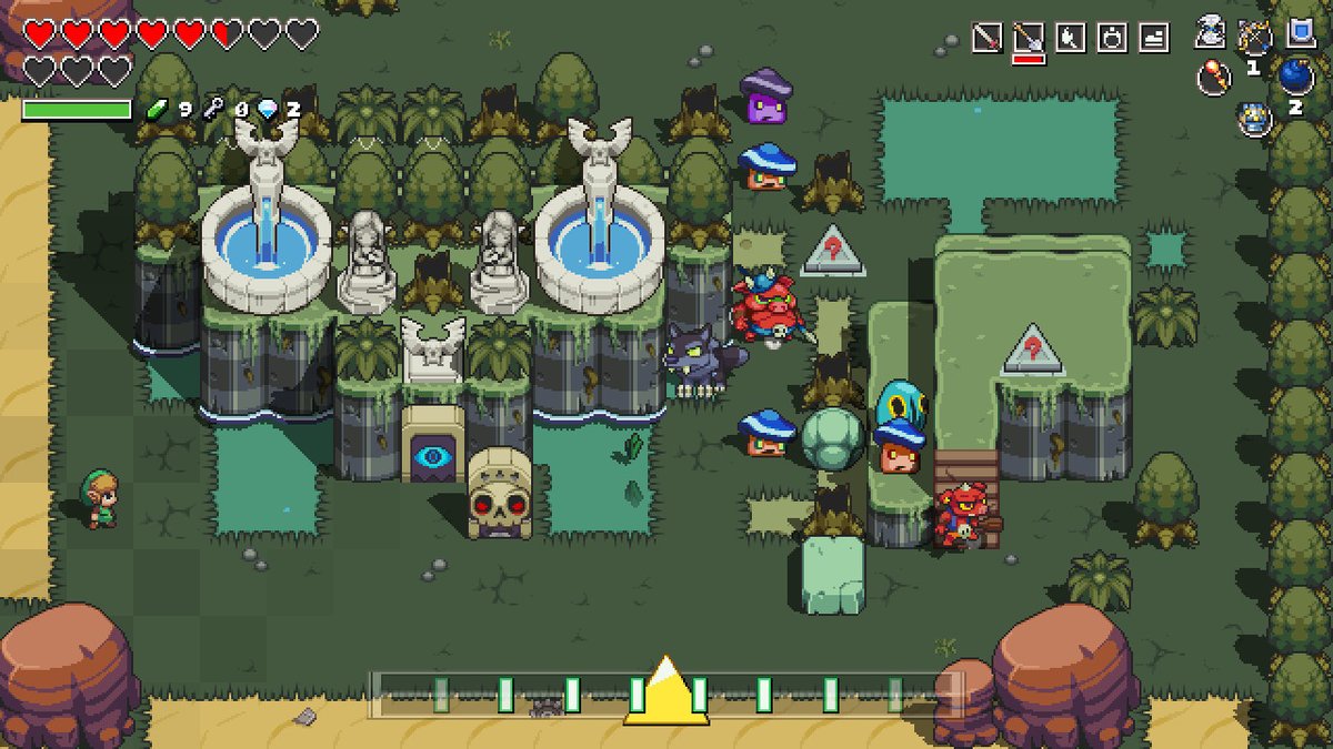 「ビートフォース」のゲージは、敵が現れると共に表示されてくる。ビートに合わせて十字ボタンを使って移動する。攻撃が自動だから、敵の動きを見極めながらアタックする。ゲームの冒頭では、ちょっと変なシステムと思ったけどこれがおもしろい。簡単になる「ノービートモード」は無視してください！