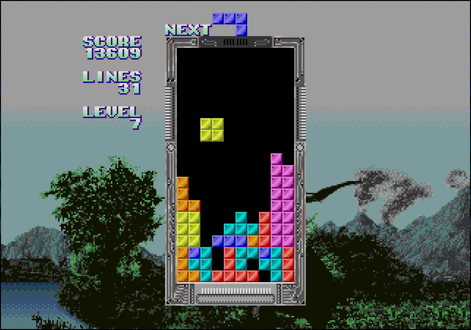 アーケード版を目コピで再度移植しなおしたメガドラミニ版「テトリス」。正直、アーケード版との違いは見つからないほど完成度は高いと感じる