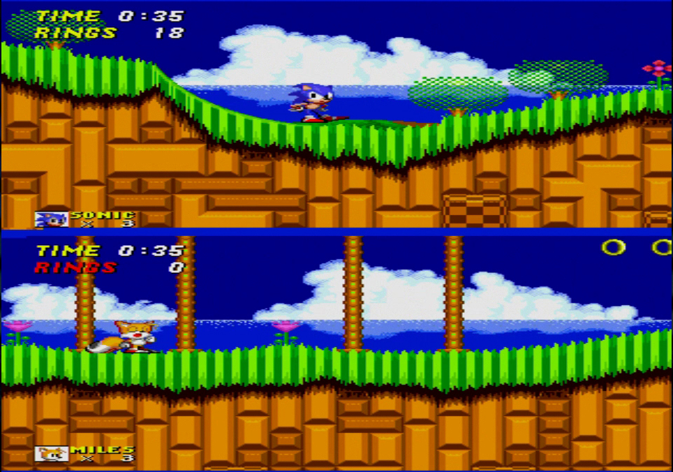 テイルスが加わったことで、上下分割の対戦モードが追加になったのも「ソニック・ザ・ヘッジホッグ2」の特徴の1つだろう。スピード以外にリングの取得数など総合的なスコアを競う対戦モードだ