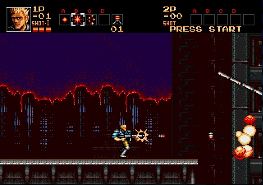 レイの4種類の武器。初期状態はAのマシンガンしか持っていないが、アイテムを取ればB、C、Dの武器も選択できるようになり、またAのアイテムを取ると初期状態からパワーアップする