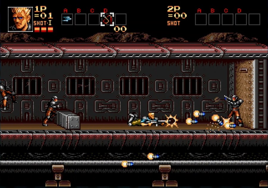 レイの4種類の武器。初期状態はAのマシンガンしか持っていないが、アイテムを取ればB、C、Dの武器も選択できるようになり、またAのアイテムを取ると初期状態からパワーアップする