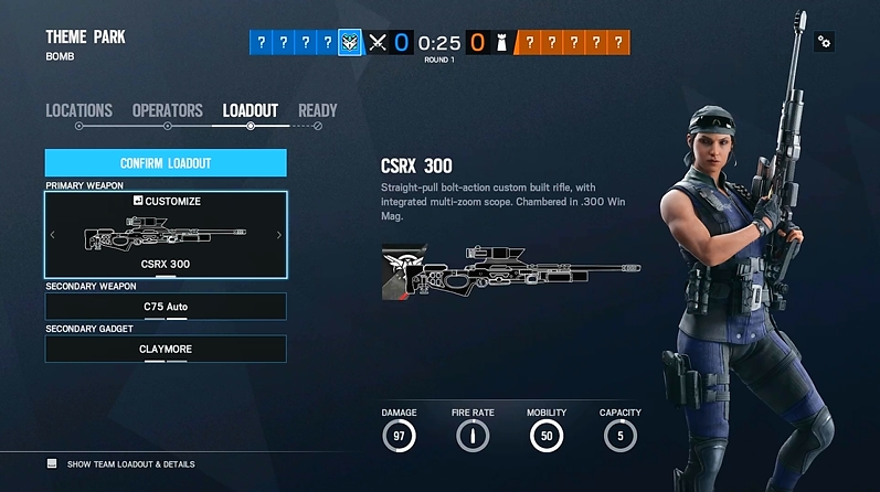 オペレーター選択画面、サブウェポンに「C75 AUTO」を持てるのもポイント