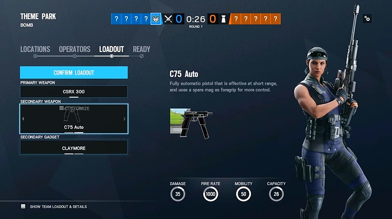 オペレーター選択画面、サブウェポンに「C75 AUTO」を持てるのもポイント