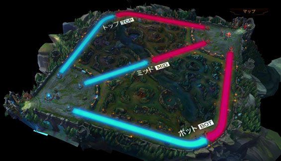 「LoL」の戦場、サモナーズリフト。3本の道（レーン）とその間に生い茂るジャングルから成り、相手の本拠地を破壊するために、タワーやドラゴン、バロンなどのオブジェクティブを巡って争う