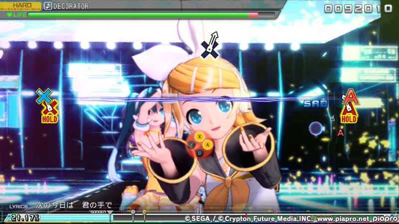 ABXYを押しっぱなし(HOLD)にするノーツは、押下している時間でボーナスが入る。←や→も押しっぱなしにするノーツが登場するが、専用コントローラを使用していればスライダーでの操作も可能だ。ボタンを同時押ししなければならないノーツの時は、画面中央に押すべきボタンが表示されるので迷わないのがありがたい。しかし、それでもミスをしてしまうのが不思議なところ