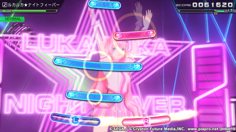 ミックスモードでは、ノーツが上から出現し下へと移動していく。扇形状に広がった部分のどこかにカーソルがあれば、あとはタイミングを合わせて押すだけ