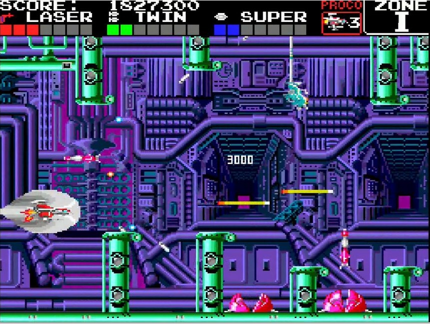 ステージおよび敵のバリエーションが豊富でプレーヤーを飽きさせない。ステージクリア後は、上下2つのルートに分岐し、最終ステージごとに異なるエンディングが用意されいているのも「ダライアス」ならではの面白さだ