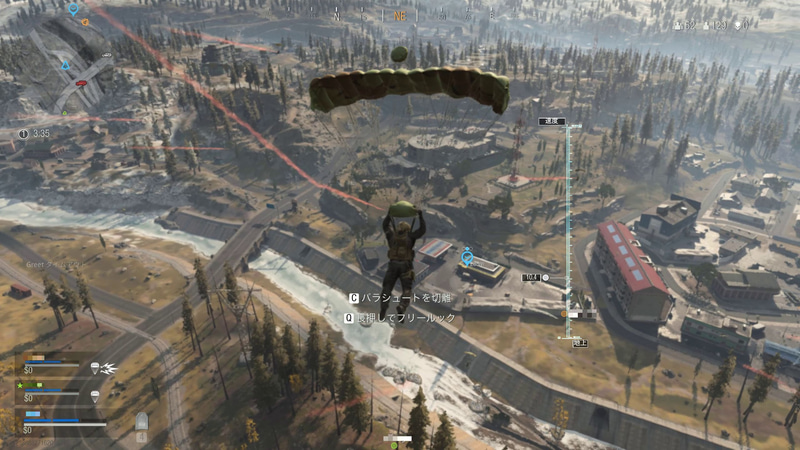 飛行機からパラシュートで降下する。マップは広いが安全地帯が徐々に狭まっていく。アイテムを集めてキャラクターを強化しながら、熾烈な生存競争で勝ち残るのだ