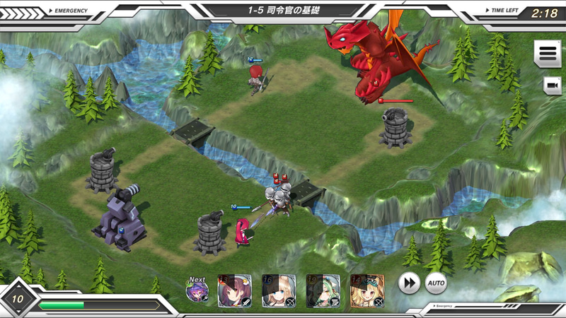 こちらは「ボスバトル」。ユニットを召喚する部分は「進軍バトル」と同じだが、自陣（左手前）の陣地を守りつつ、敵陣（右奥）に攻め込んでいく