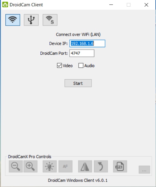 PC側で「DroidCamApp」を起動し、Device IPにAndroid側のWifi IPを入力。「Video」のみにチェックを入れて、「Start」をクリックすると、Android端末の内蔵カメラがWebカメラとして認識される