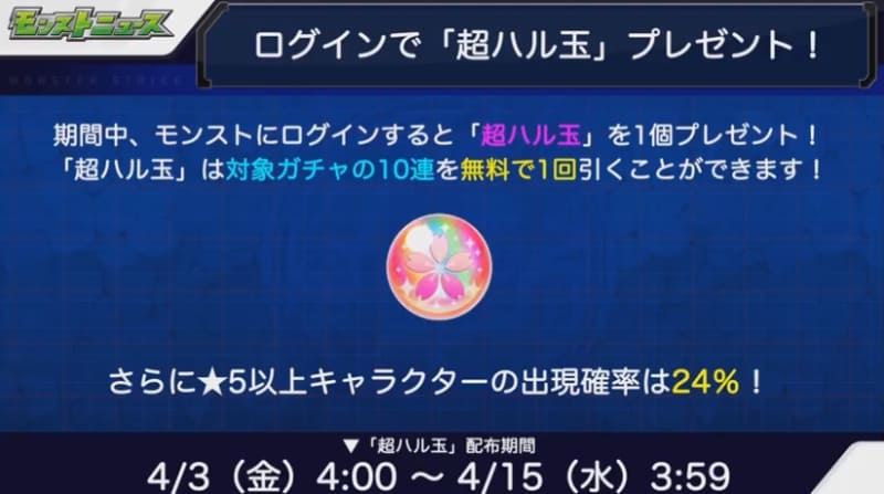 ログインで「超ハル玉」をプレゼント