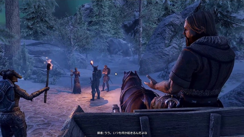 起動直後には、馬車に乗っていた人間の視点で西スカイリム地方の雄大な景色を眺めるデモムービーが流れる。ムービーのラストは何かのトラブルに巻き込まれた人間がどこかへと連れ去られるカットで締められ、いつもの「ESO」のキャラクター選択画面に戻る。馬車に乗って移動するオープニングとは、まさに「Skyrim」のオープニングを思わせる粋な演出だ。御者のセリフも意味深で面白い