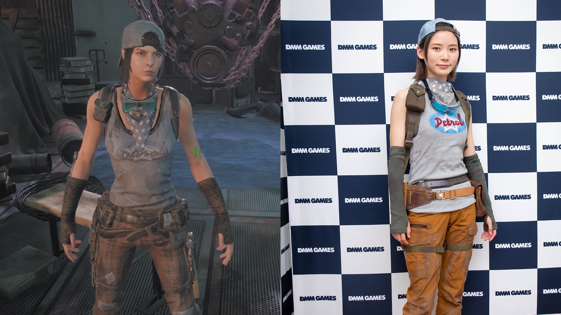 ゲーム中のマッケイブ（左）と朝日奈央さんのコスプレ（右）