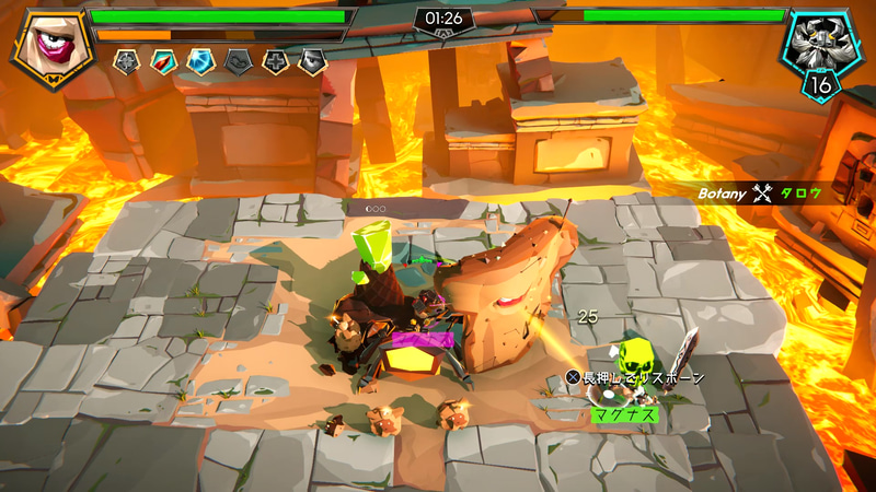 死亡してもボタンの長押しで簡単に復活できるが、チームの体力ゲージが減る。チームのゲージがゼロの状態で全員やられると、ヴァイキング側の敗北となる