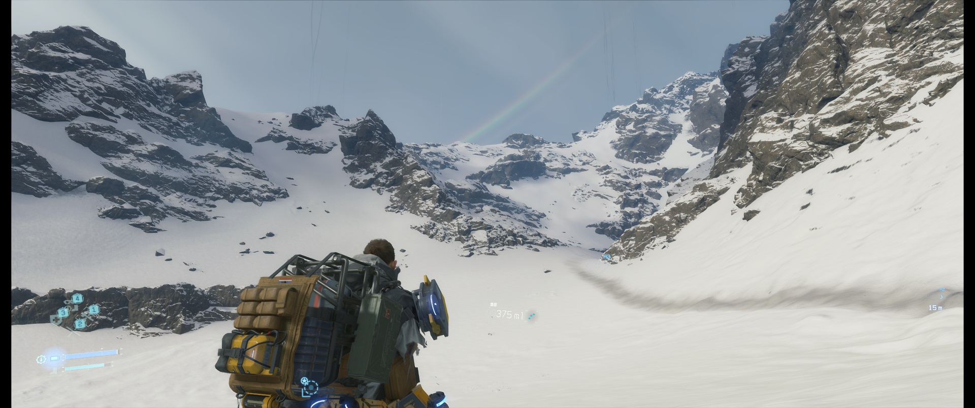 厳しい雪山を歩く途中、急に晴れたと思ったら虹が出た。この感動をより深く味わうため、是非21:9モニターでプレイしてみてほしい