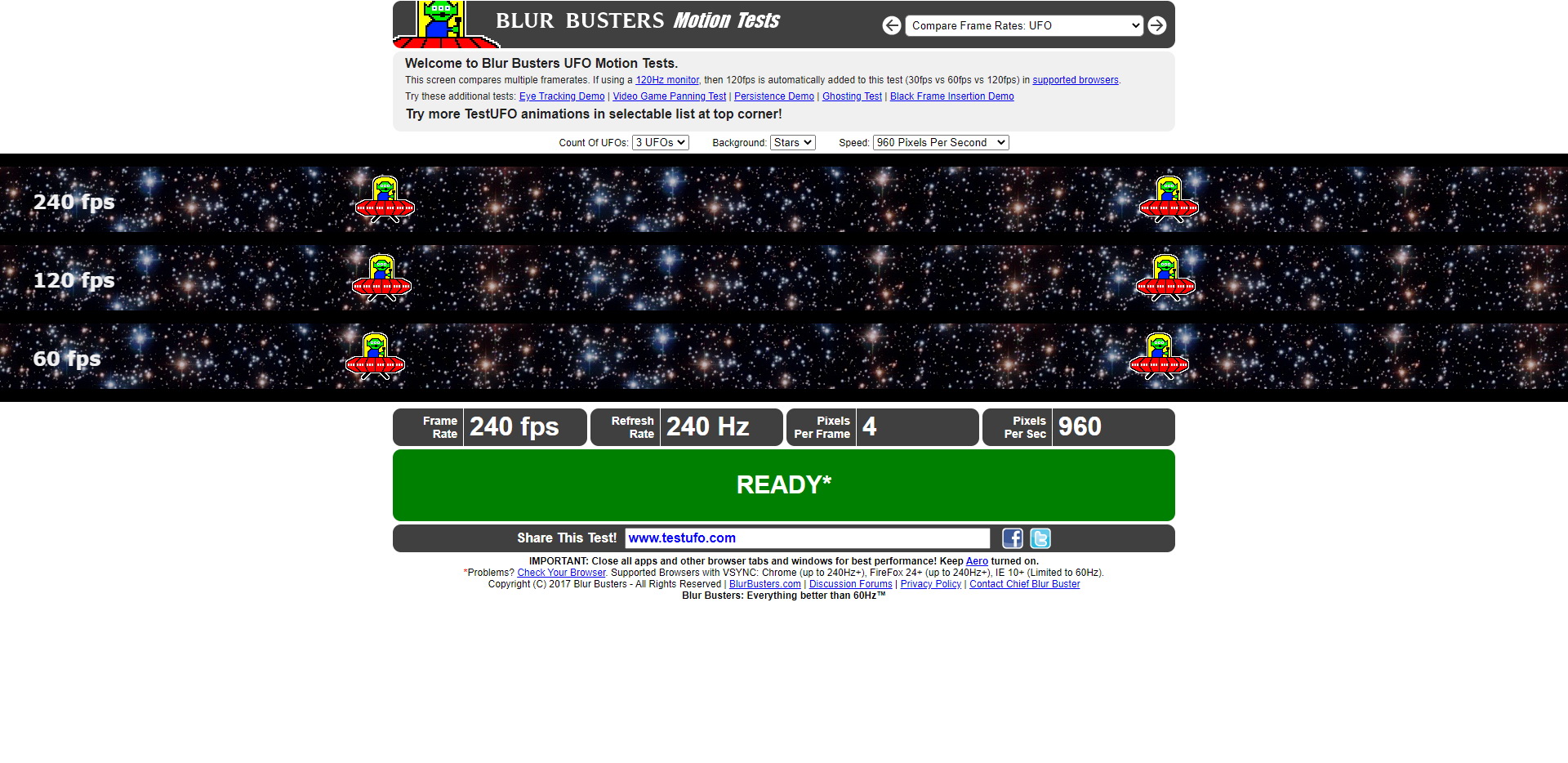 testufo.comでテストした状態。それぞれのリフレッシュレートでUFOの位置が異なるのがわかる。UFOが右に行くほど描画が早いということ