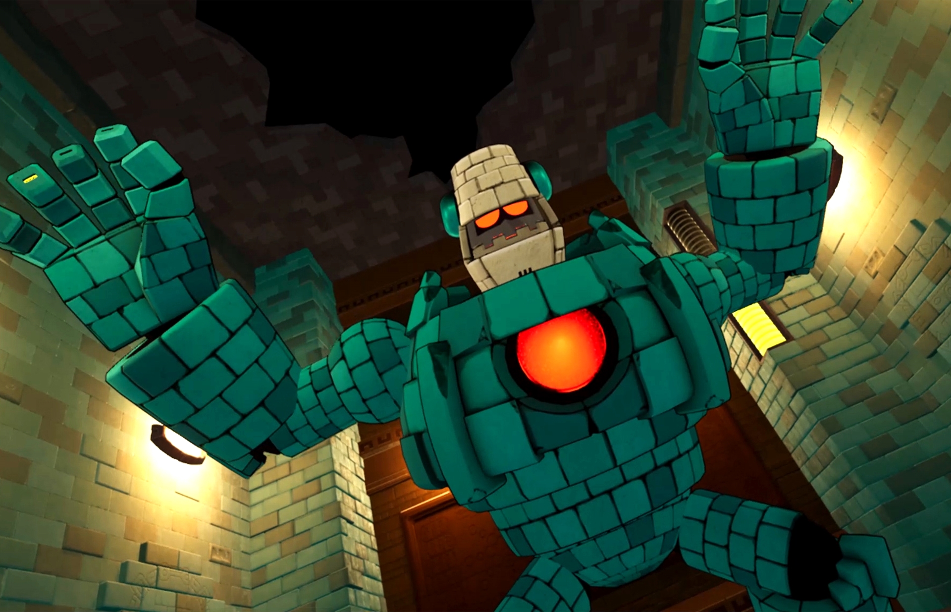 巨大化したブロックマン。相手のエネルギーはゲームと同様、右上にゲージが表示されている