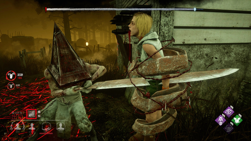 原作同様、常人の身の丈ほどもある大鉈を振り回して襲いかかるエクセキューショナー。一撃必殺のメメント・モリは、拘束した生存者をその大鉈で正面から貫くというものだ