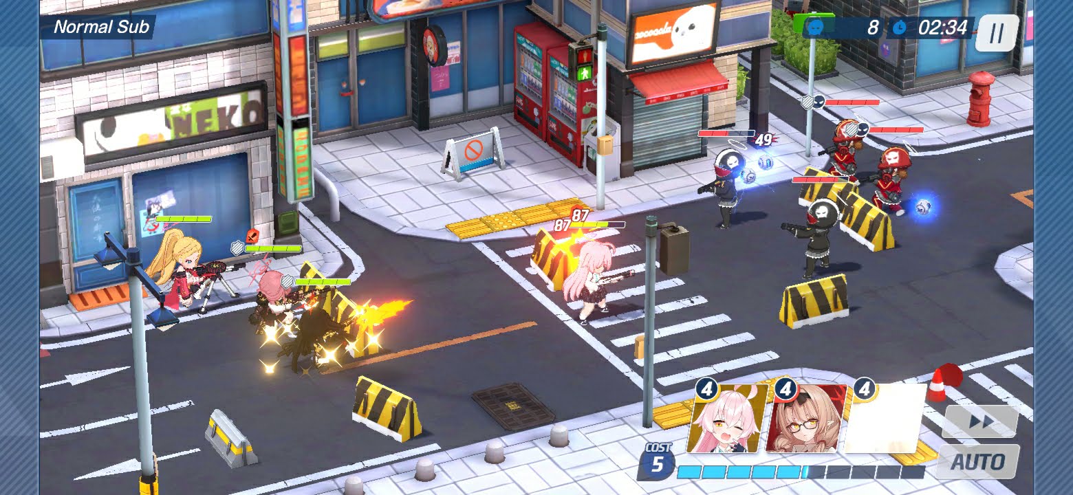 可愛らしくデフォルメされたキャラクター達が戦場を走り回る。通常の攻撃はそれぞれ自動で行い、スキルの発動タイミングはこちらで決めることが可能だ。