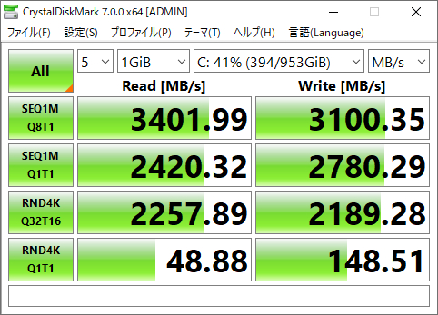 CrystalDiskMark 7.0.0hの結果。NVMe SSDを搭載しており、リード、ライトともに高速だ