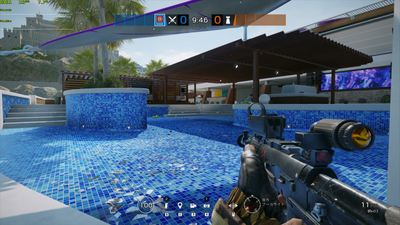 「海岸線」マップのプールサイドにおけるフレームレート。最高設定だと127fps前後となる