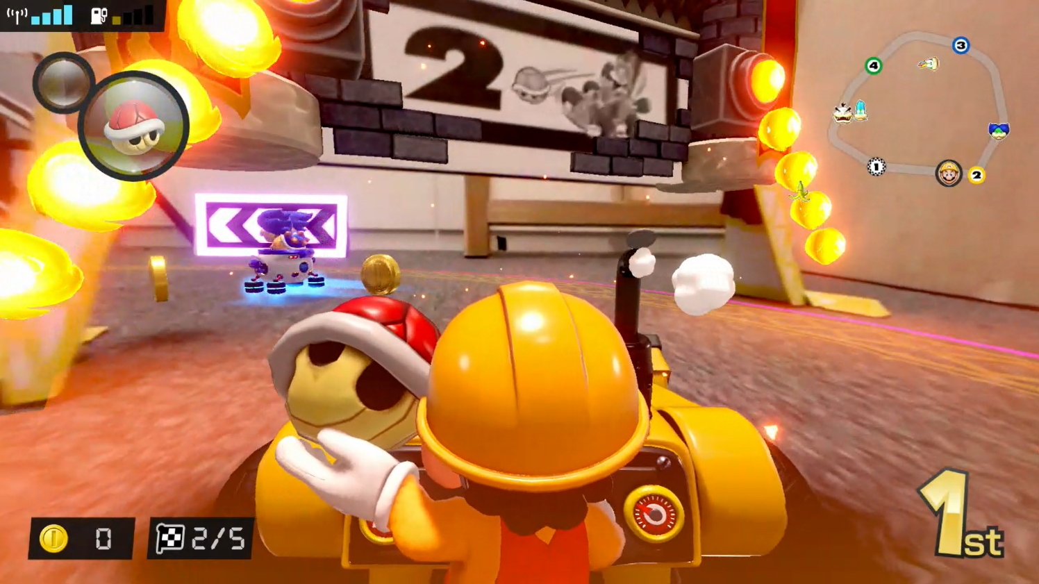 クッパキャッスル。ファイアバーがゲートでぐるぐると回転しており、ファイアバーに触れてしまえばクラッシュする。