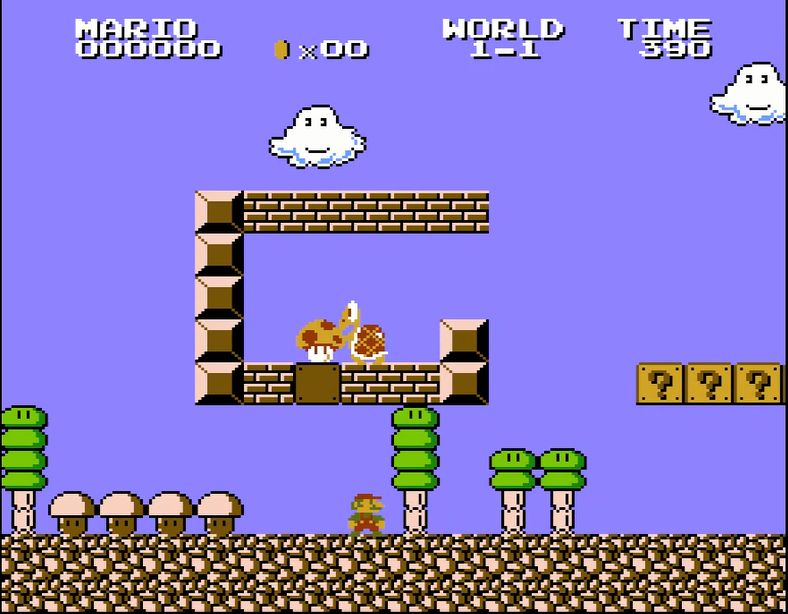 ワールド1-1より。最初のスーパーキノコはハテナブロックにある……と見せ掛けて、実はココのブロックに隠されている