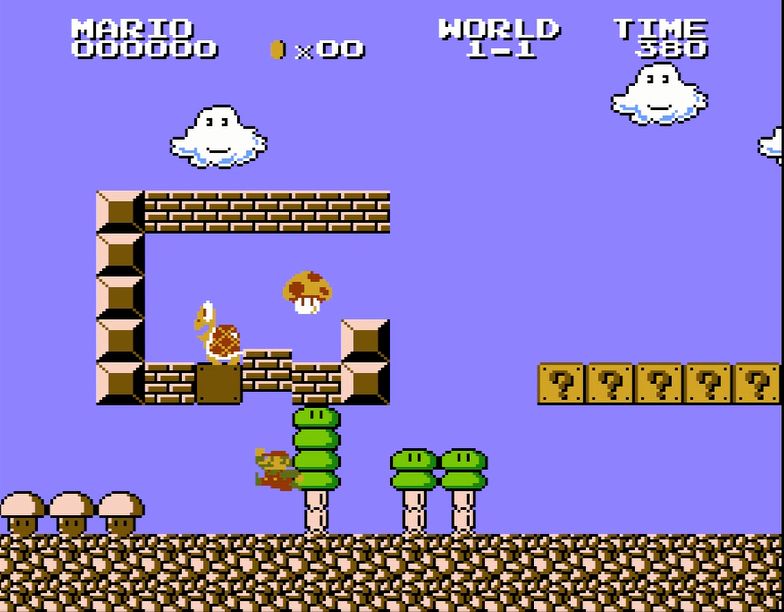 キノコを取るためには、下から別のブロックを叩いて下に落とす必要。冒頭から実に凝ったデザインになっている