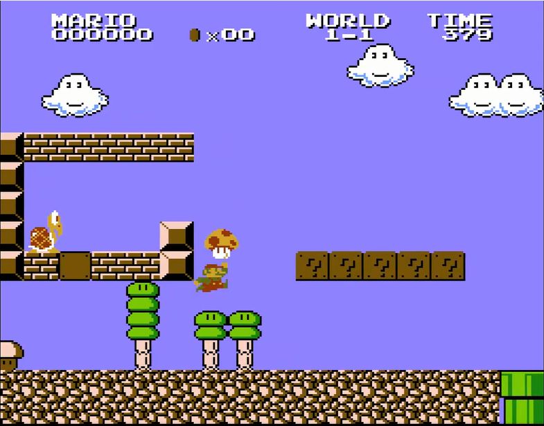 キノコを取るためには、下から別のブロックを叩いて下に落とす必要。冒頭から実に凝ったデザインになっている