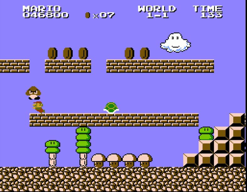 ワールド1-1では、写真の位置でも「無限増殖」が可能。パタパタを踏んで移動方向を左から右に変え、階段型の地形に誘導する