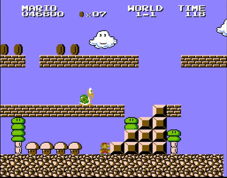 ワールド1-1では、写真の位置でも「無限増殖」が可能。パタパタを踏んで移動方向を左から右に変え、階段型の地形に誘導する