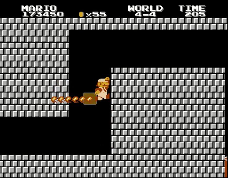 ワールド4-4より。ファイアバーを避けつつ、壁に向かってジャンプした反動を利用して上部のブロックに着地するテクニックが必要だ