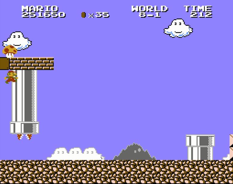 ワールド8-1には、何と壁にめり込む裏技を利用してスーパーキノコが出せる場所がある