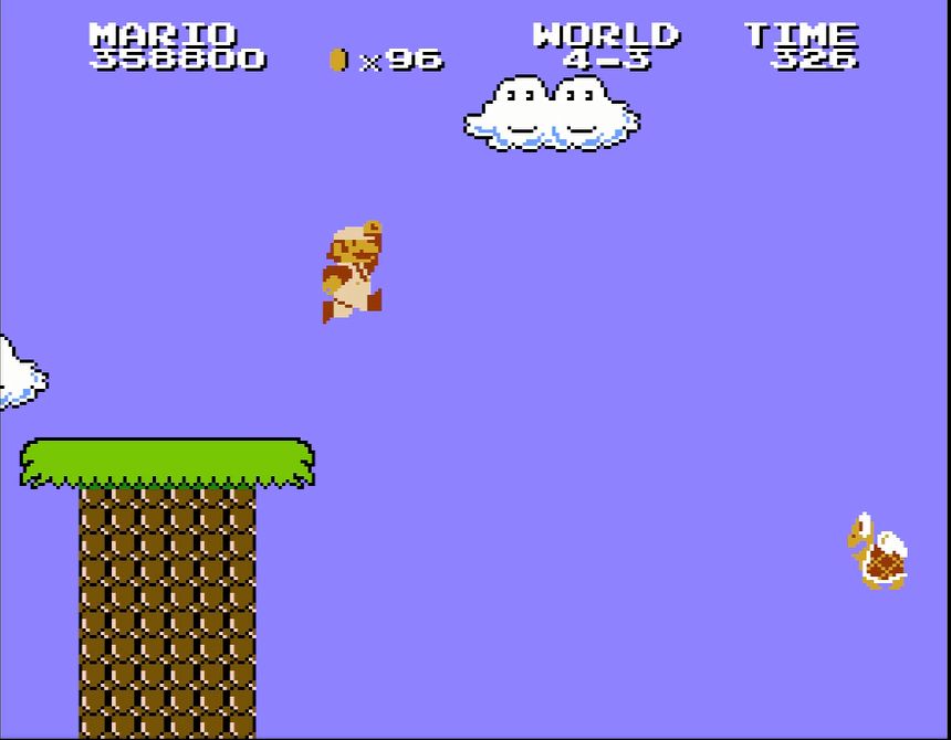 ワールド4-3より。普通にジャンプするだけでは届かないので、パタパタを足場代わりにした連続ジャンプのテクニックが必須となる（※ルイージ使用時は通常のダッシュジャンプだけでもオーケー）