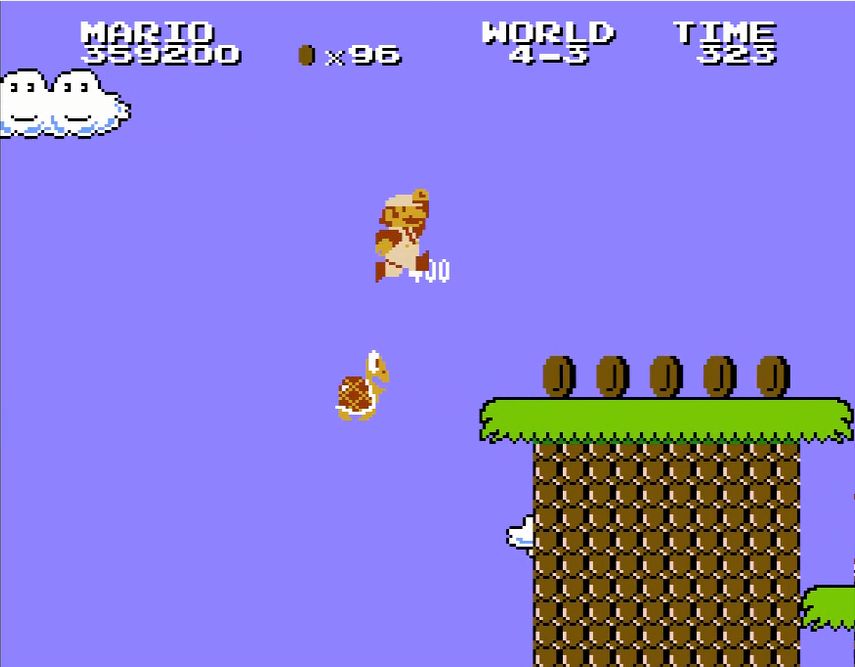 ワールド4-3より。普通にジャンプするだけでは届かないので、パタパタを足場代わりにした連続ジャンプのテクニックが必須となる（※ルイージ使用時は通常のダッシュジャンプだけでもオーケー）