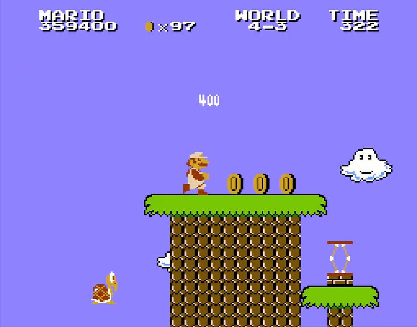 ワールド4-3より。普通にジャンプするだけでは届かないので、パタパタを足場代わりにした連続ジャンプのテクニックが必須となる（※ルイージ使用時は通常のダッシュジャンプだけでもオーケー）