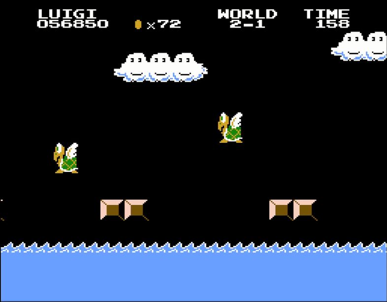 ワールド2-1より。大ジャンプ台を利用して、敵に一切触れることなく長い距離を進むことができる