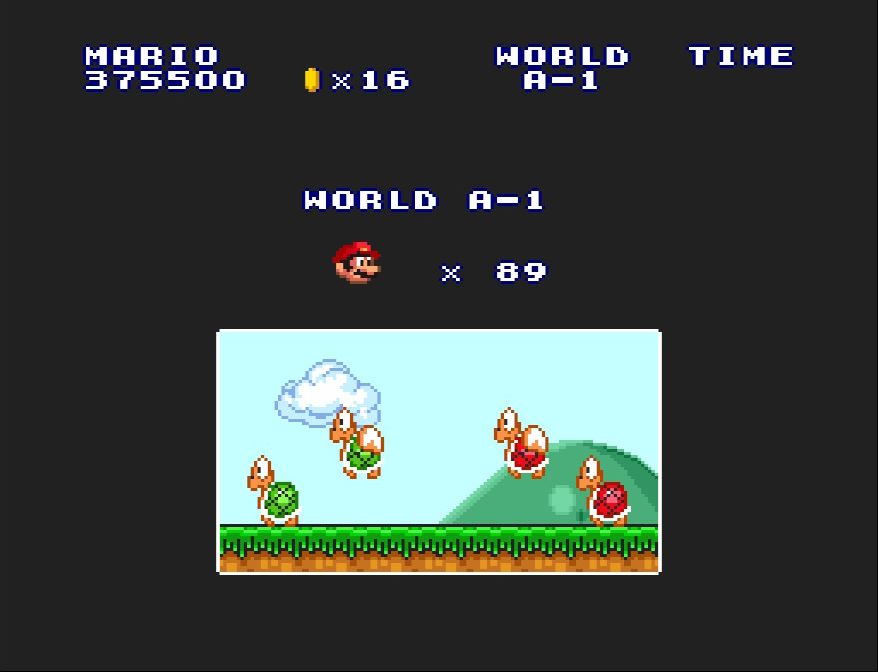 ワープゾーンを使用してクリアした場合でもワールドA-1に進める。しかも、マリオのストックをそのまま持ち越せるので実に親切だ