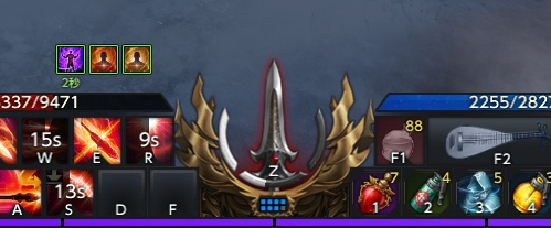 デュアルゲージと現在のスタンスは画面中央下部で確認できる。デュアルゲージの下に表示されるドットパターンは、別スタンス用スキルのクールダウンを示す。着色されている場合は使用可能、グレーアウトしているものは冷却待ちだ